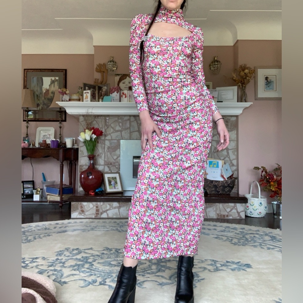 Zara high neck open front floral maxi dress